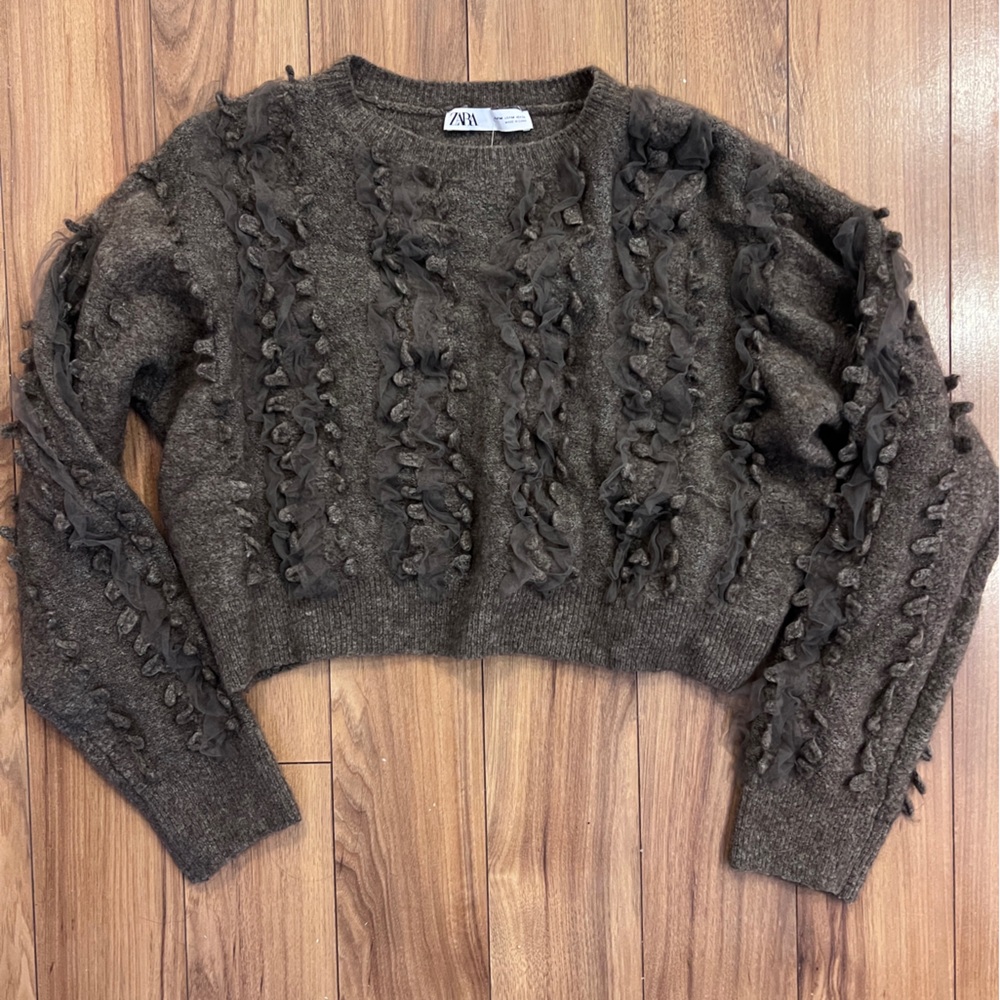 ZARA Wool Blend Sweater with Tulle Ribbon